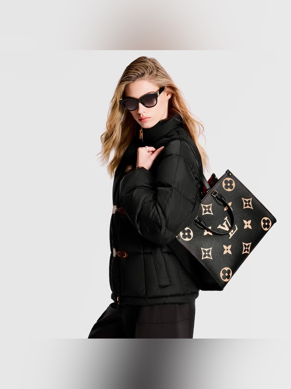On TheGo GM Louis Vuitton Black Monogram Giant Canvas Tote with Beige Accents